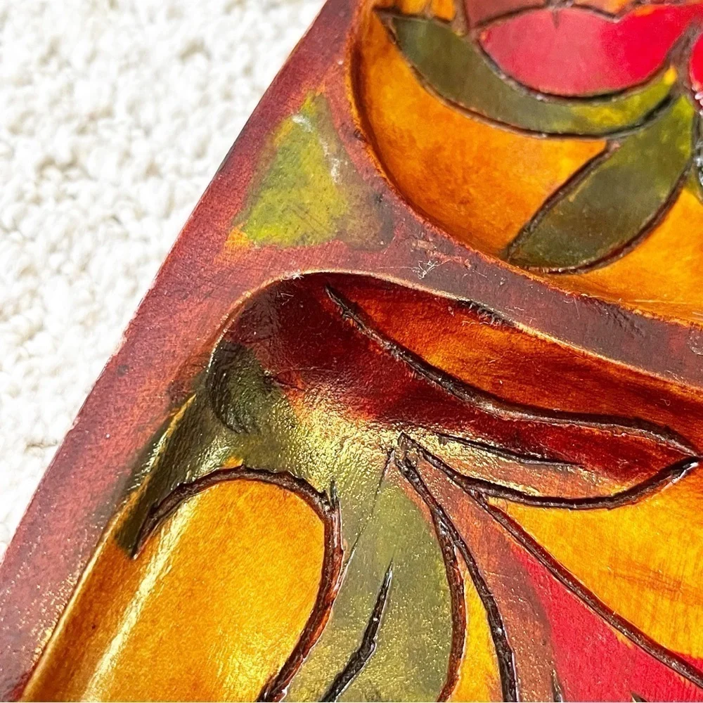 Vintage Mid Century Wooden Serving Tray Platter Boho Exotic Wood Divided Carved